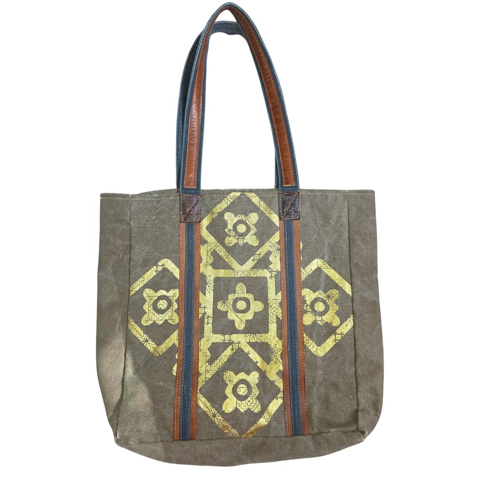 Mona B Upcycled Canvas Tote Bag Khaki Green Gold Geometric Metallic Boho Large